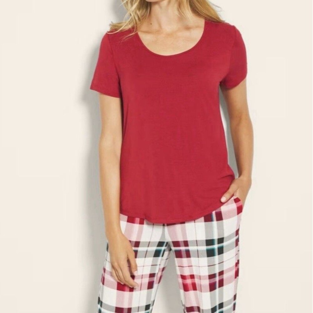 Soma Cool Nights Short Sleeve Pant Set Red Snuggle Up Plaid Large New